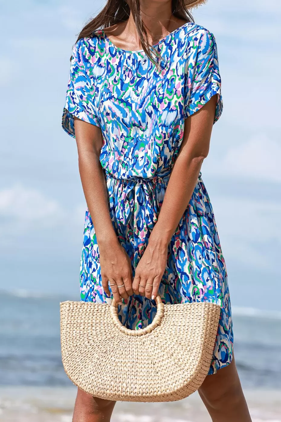 Outlet Cupshe Abstract Print Belted Mini Dress Blue