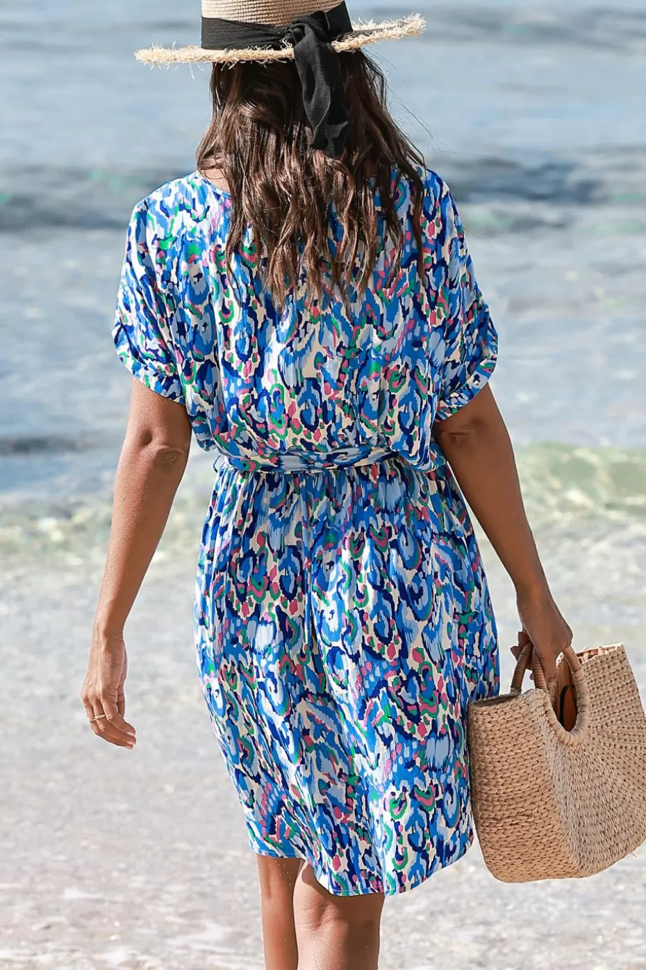 Outlet Cupshe Abstract Print Belted Mini Dress Blue