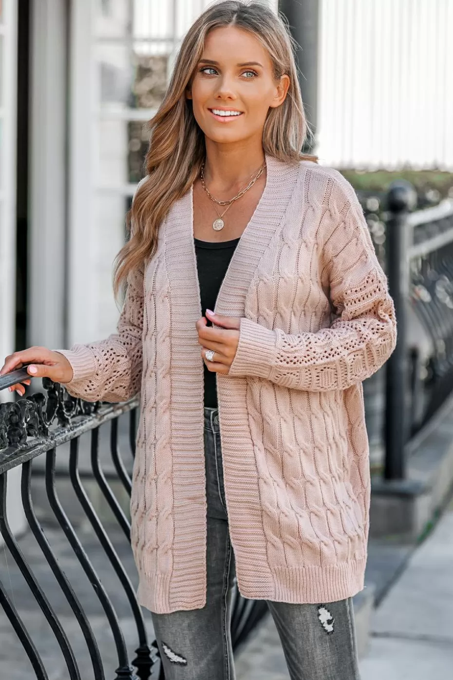 New Cupshe Almond Bliss Cable Knit Cardigan Pink-Pink