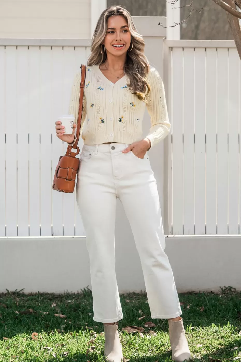 Cheap Cupshe Cut-Out Embroidered Cropped Cardigan Apricot