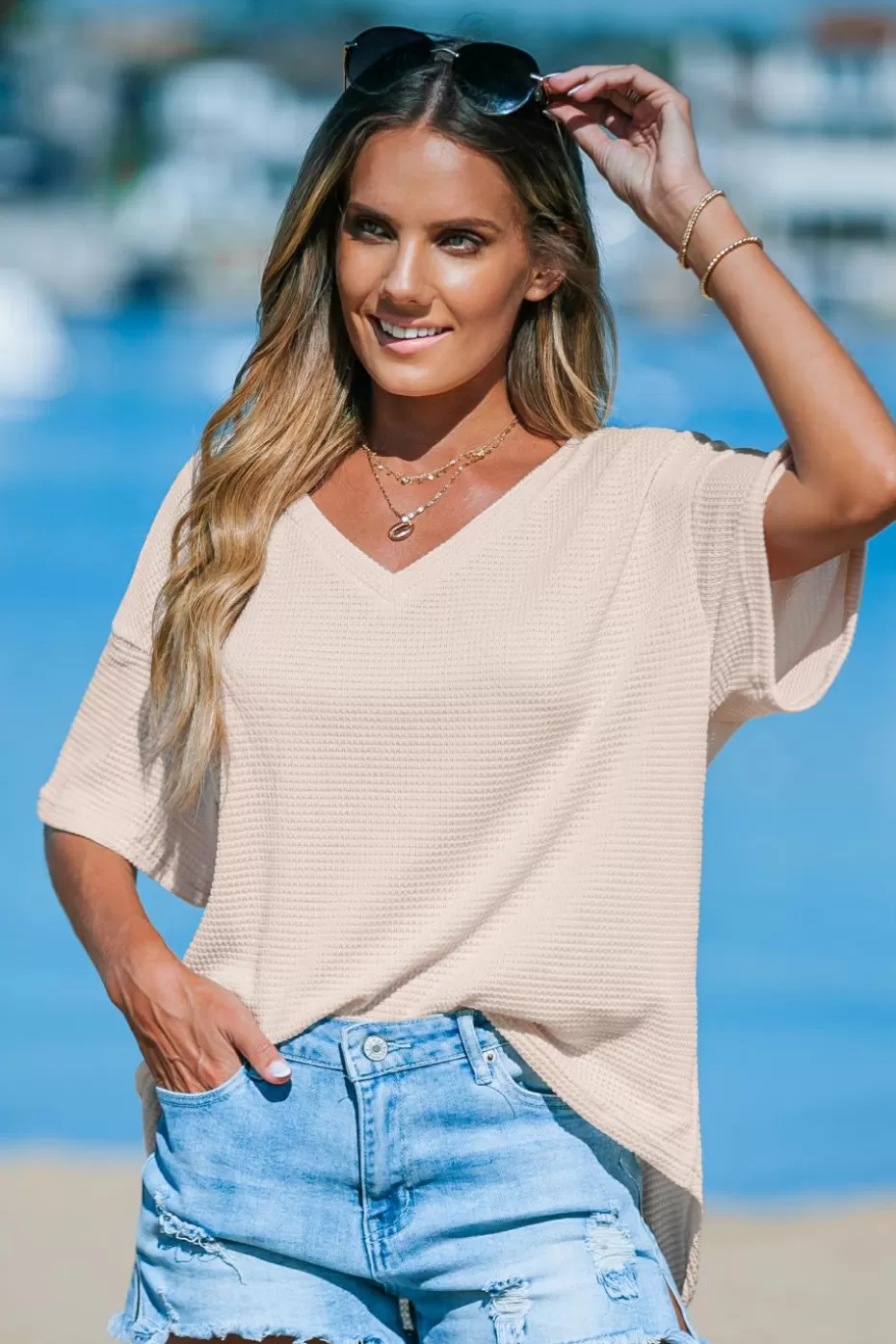Store Cupshe Drop Shoulder Waffle Knit Tee Apricot