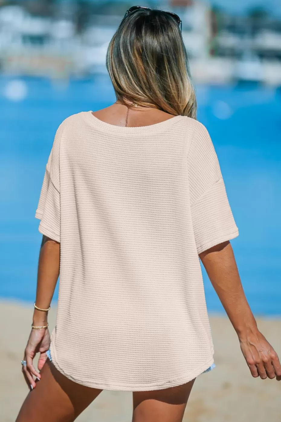 Store Cupshe Drop Shoulder Waffle Knit Tee Apricot