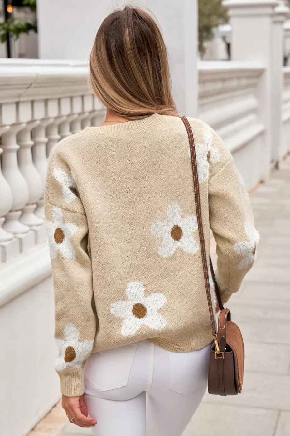Cheap Cupshe Floral Drop Shoulder Long Sleeve Sweater Apricot