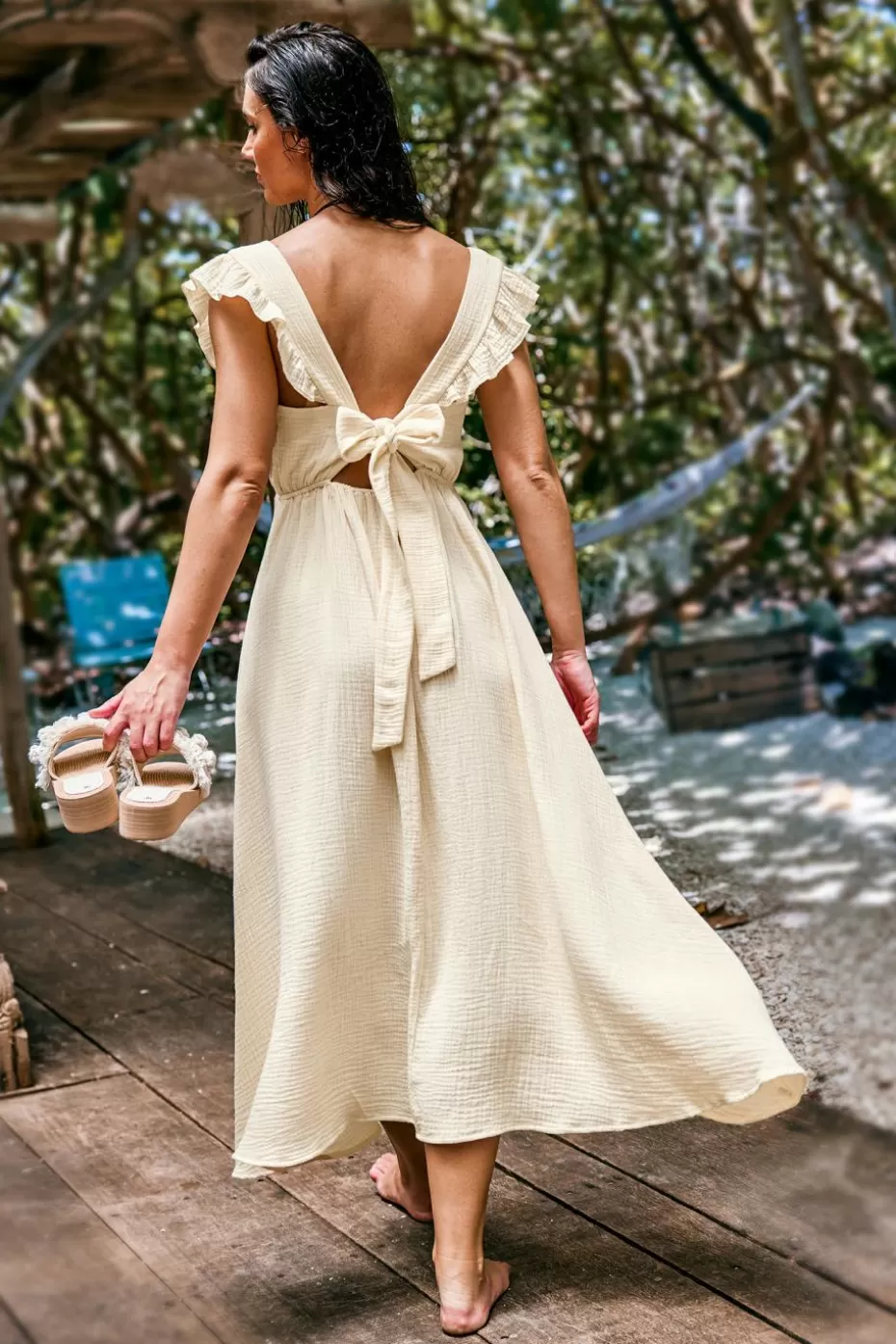 New Cupshe Flutter Sleeve Tie-Back Midi Dress Apricot