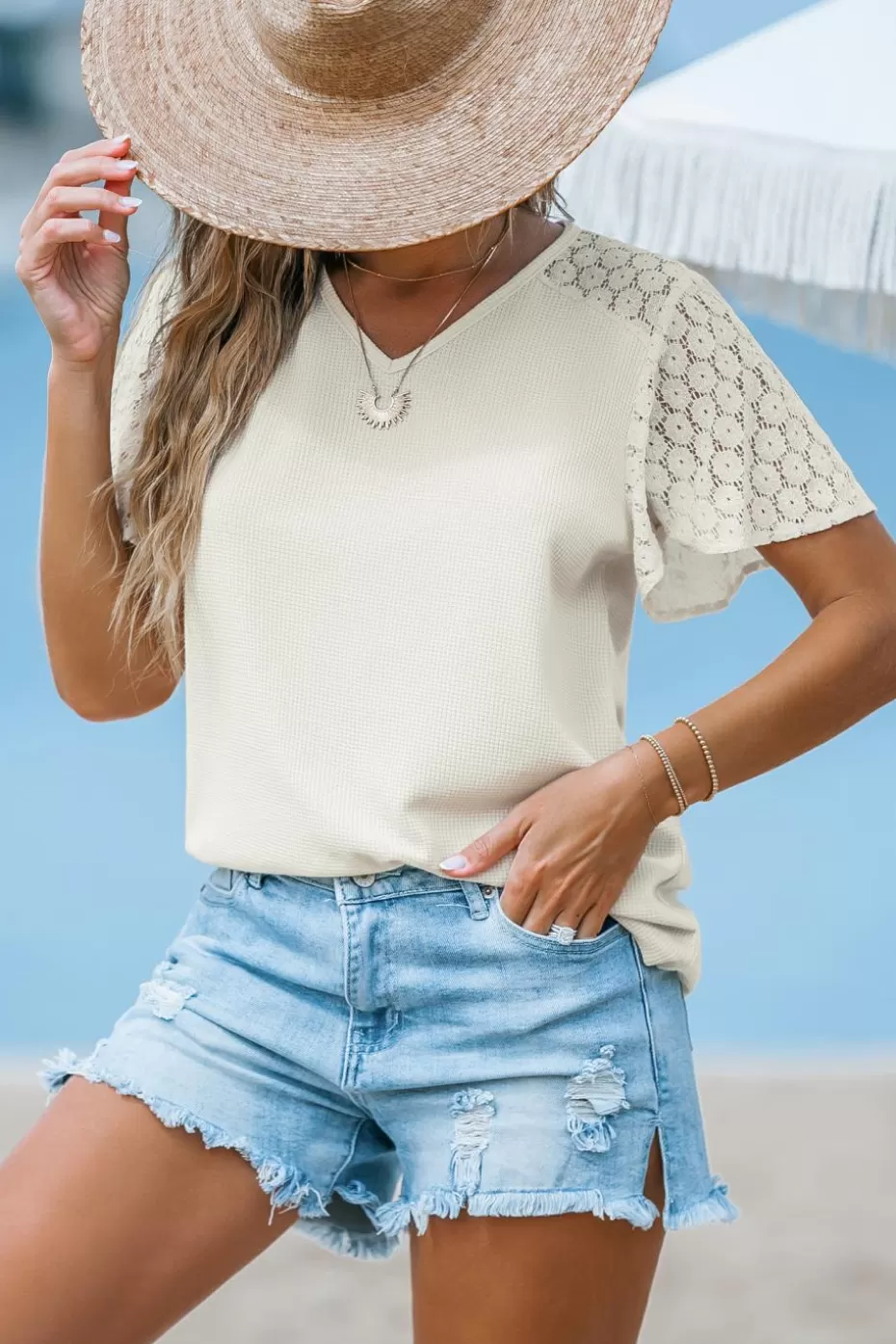 Store Cupshe Lace Short Sleeve V-Neck Tee Apricot