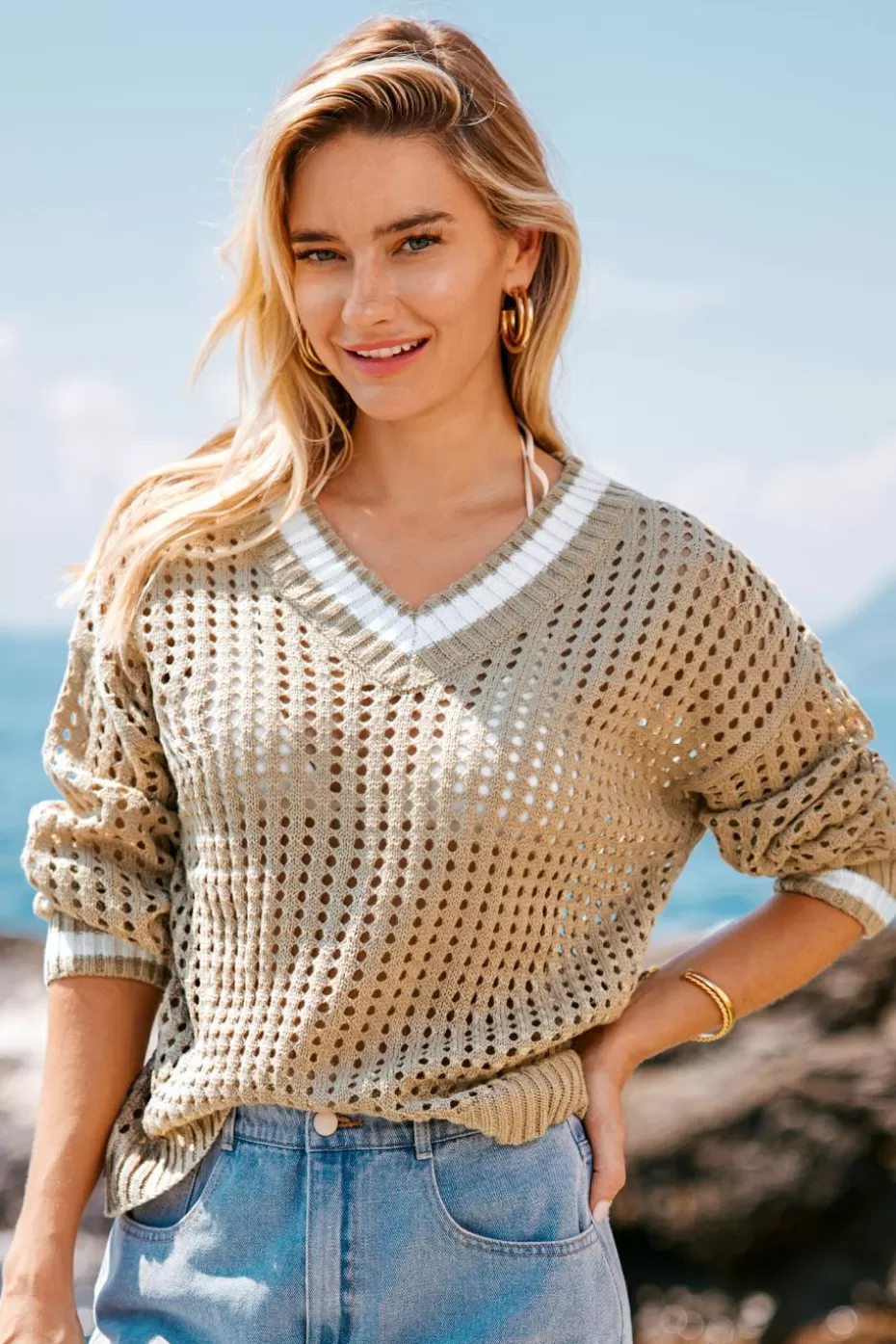 Sale Cupshe Perforated Knit Long Sleeve Cover-Up Apricot
