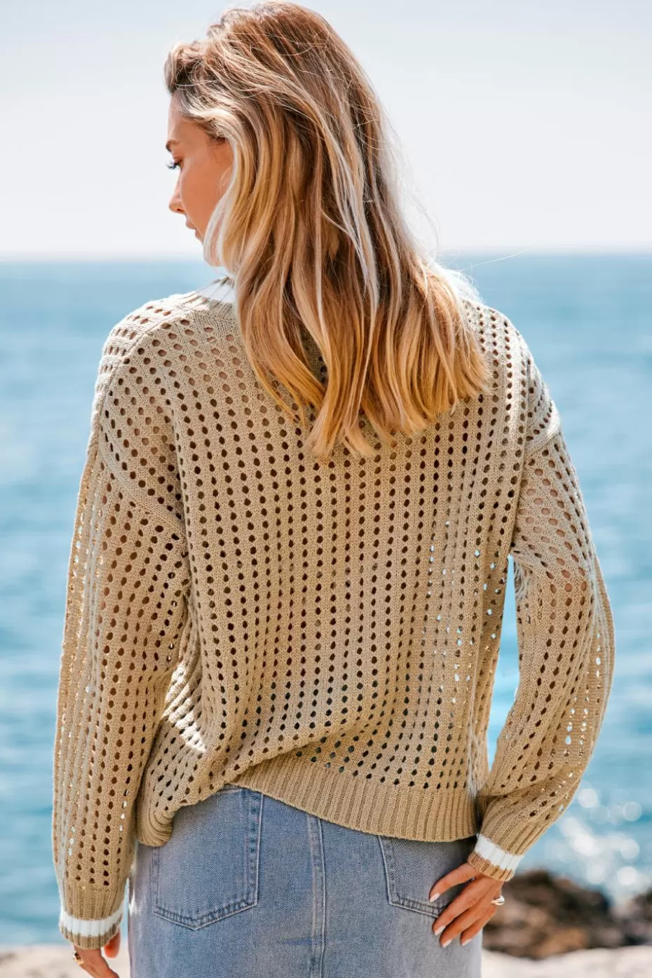 Sale Cupshe Perforated Knit Long Sleeve Cover-Up Apricot