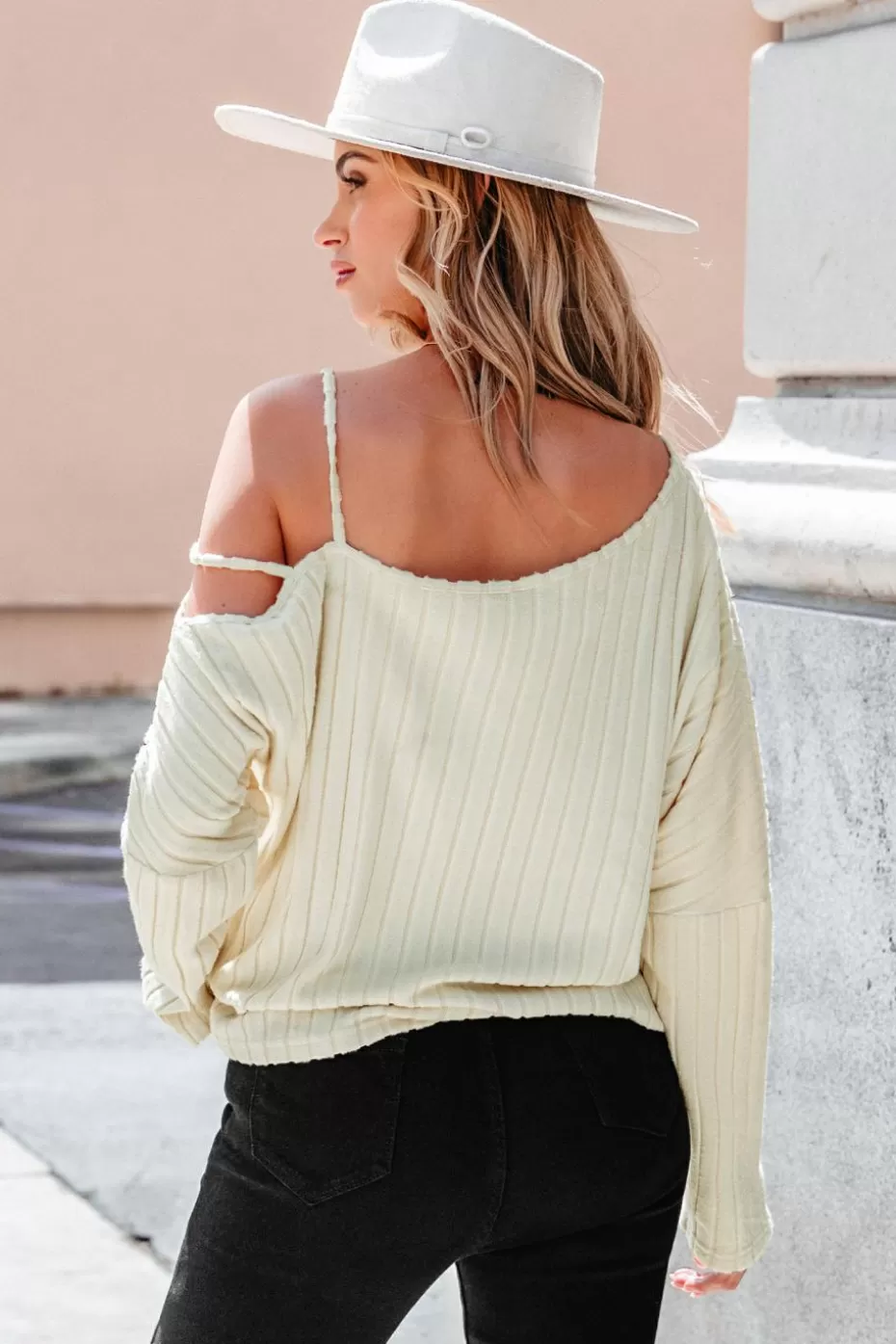 Best Sale Cupshe Ribbed Asymmetrical Neck Cutout Long Sleeve Top Apricot
