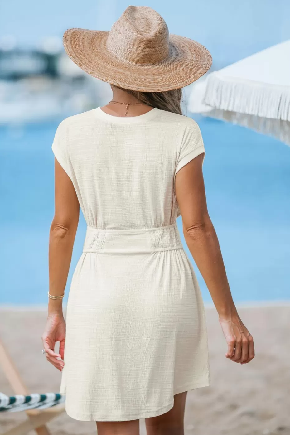 Shop Cupshe Short Sleeve Smocked Waist Mini Cover-Up Apricot