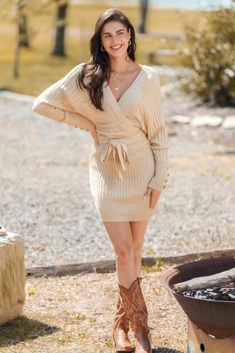 Cheap Cupshe Surplice Long Sleeve Mini Sweater Dress Apricot