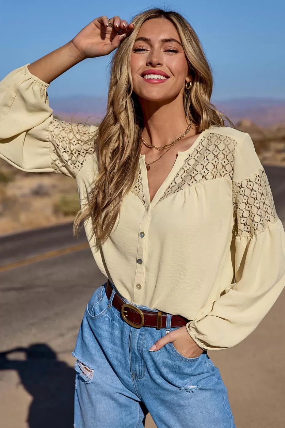 Sale Cupshe V-Neck Long Blouson Sleeve Top Apricot