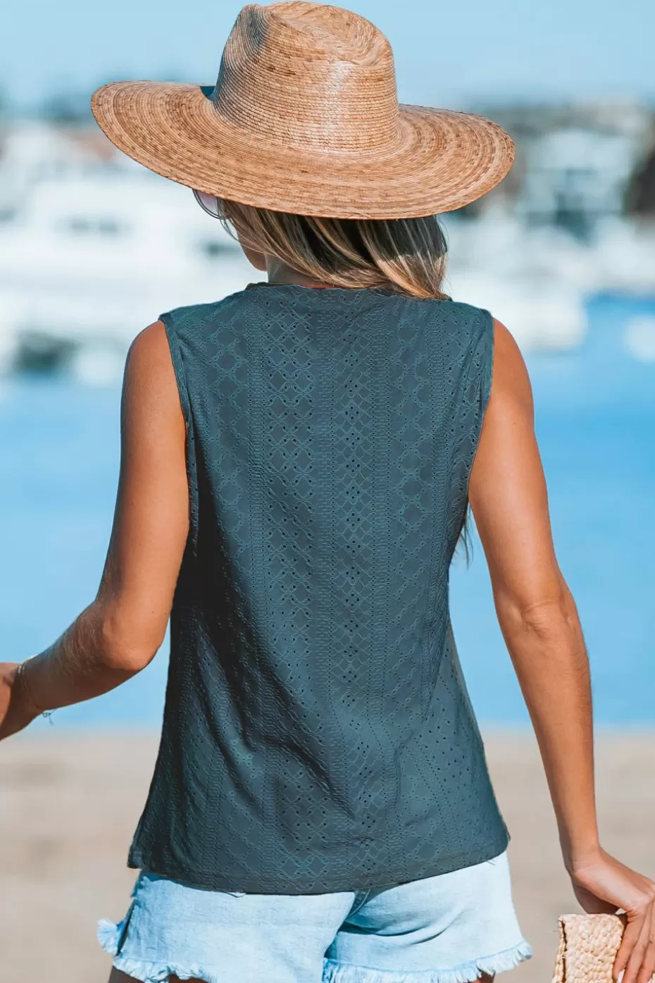 Flash Sale Cupshe High-Neck Sleeveless Eyelet Tank Aqua