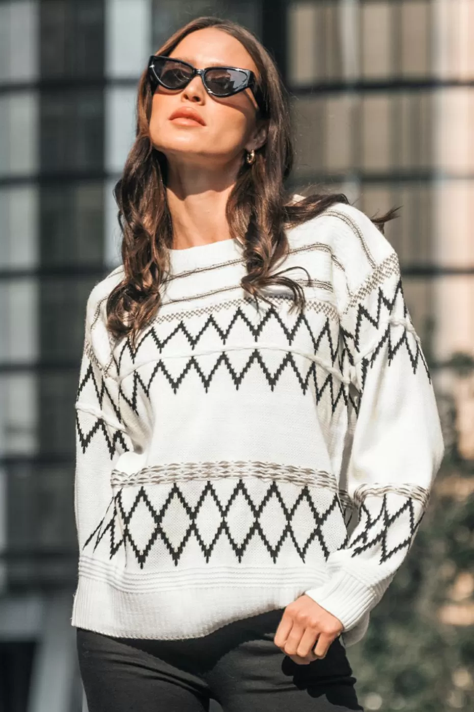 Best Sale Cupshe Argyle Drop Sleeve Sweater White