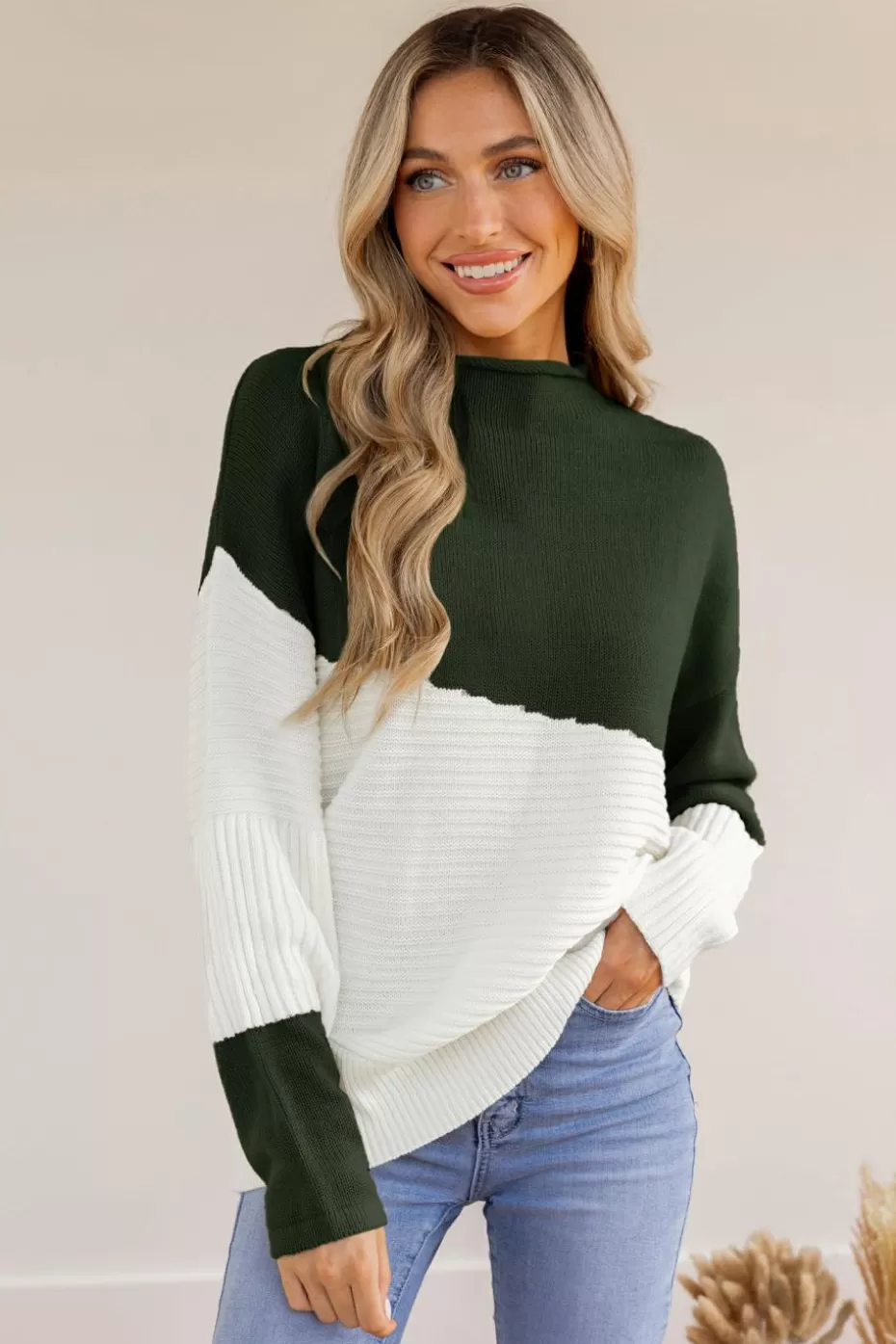 Outlet Cupshe Asymmetrical Colorblock Standing Collar Sweater Green
