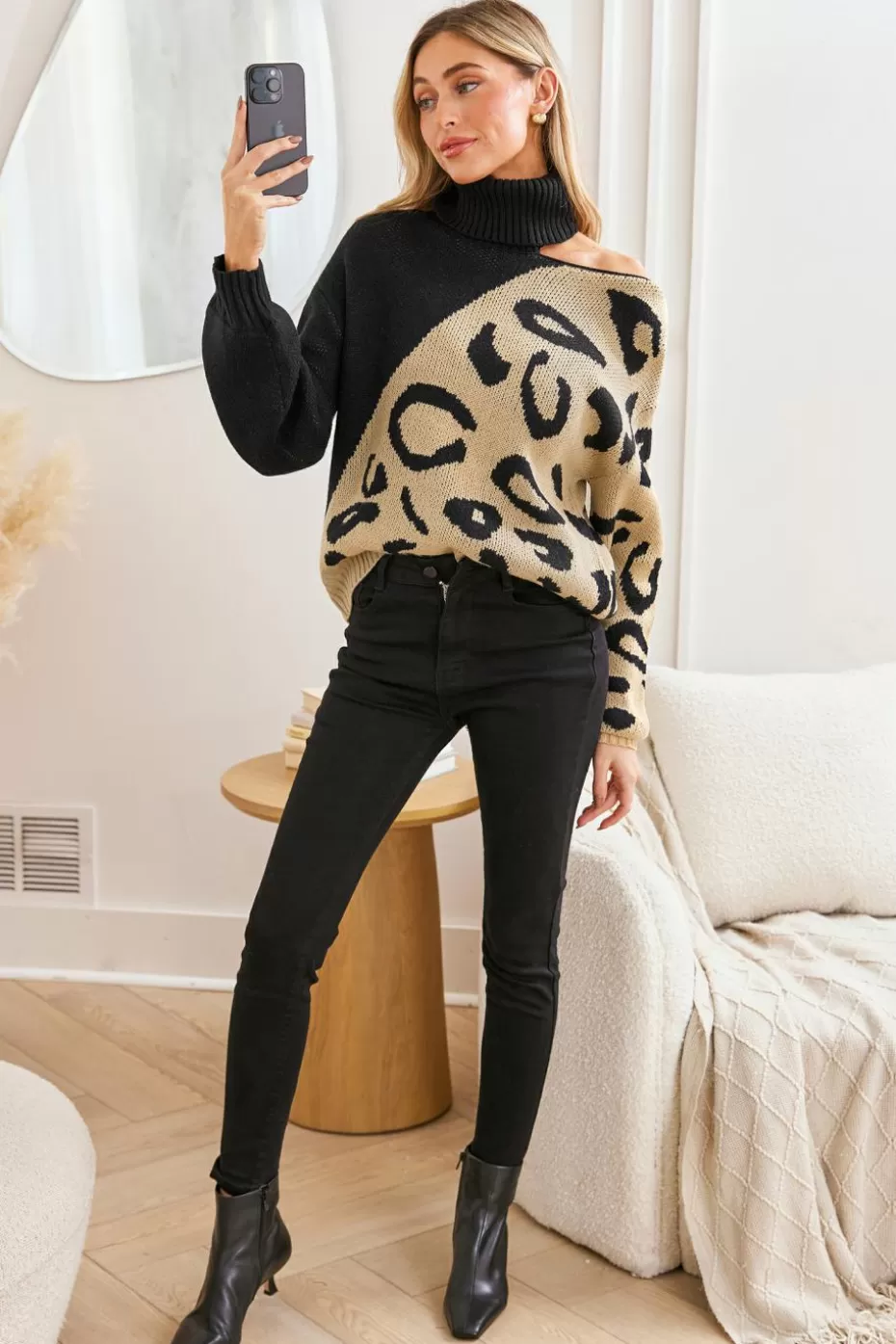 Best Cupshe Asymmetrical Leopard Colorblock Turtleneck Sweater Khaki
