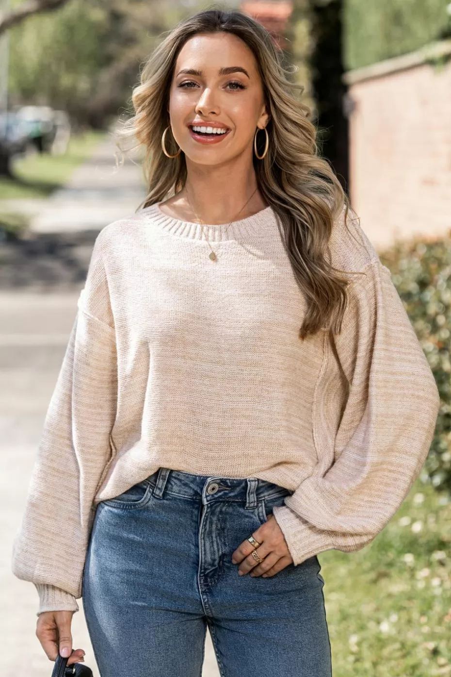 Hot Cupshe Beige Exposed Seam Round Neck Long Sleeve Sweater Neutral