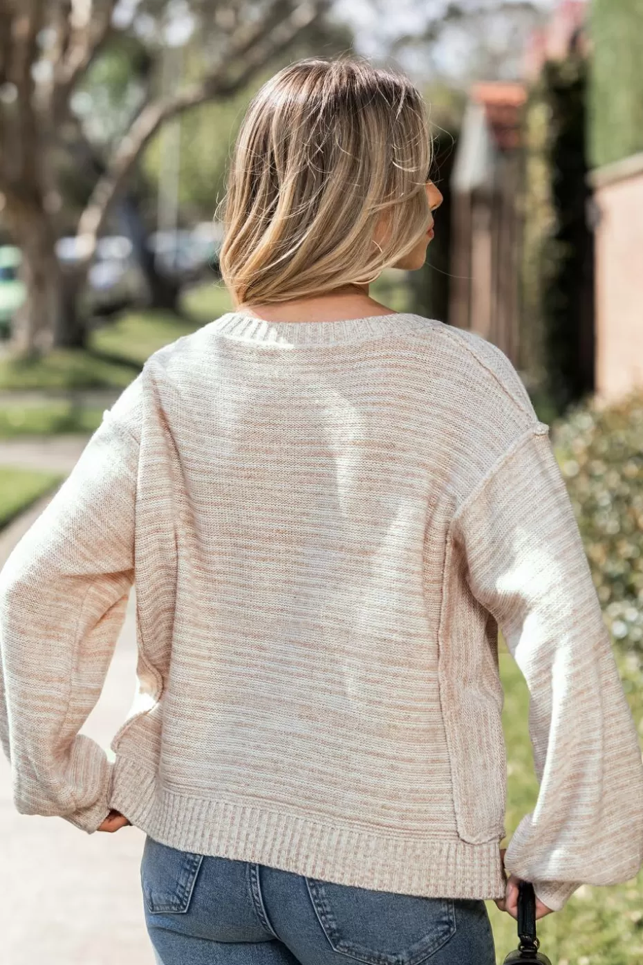 Hot Cupshe Beige Exposed Seam Round Neck Long Sleeve Sweater Neutral
