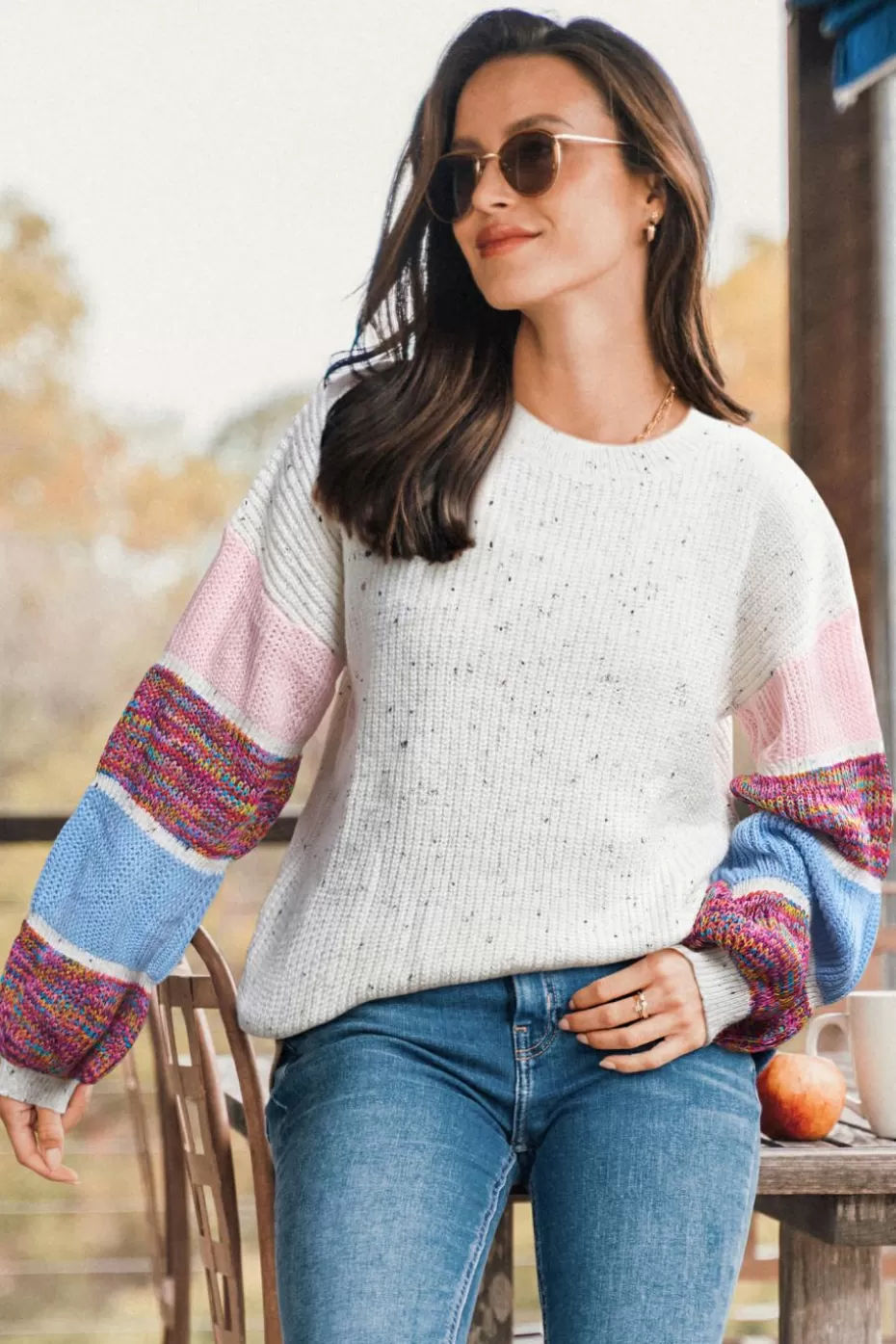 Cheap Cupshe Round Neck Colorblock Sleeve Sweater Beige