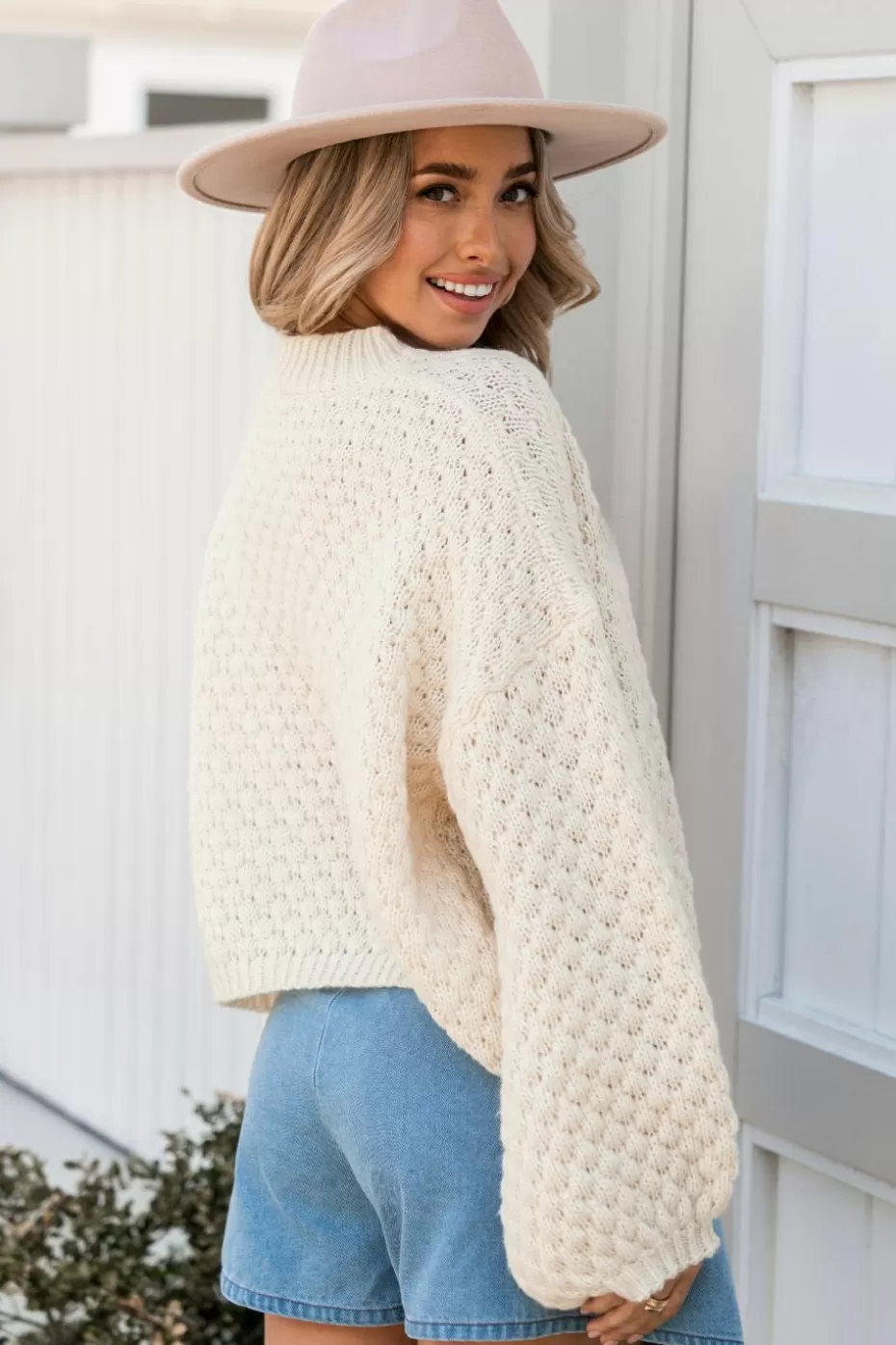 Clearance Cupshe Round Neck Drop Shoulder Puff Sleeve Sweater Beige