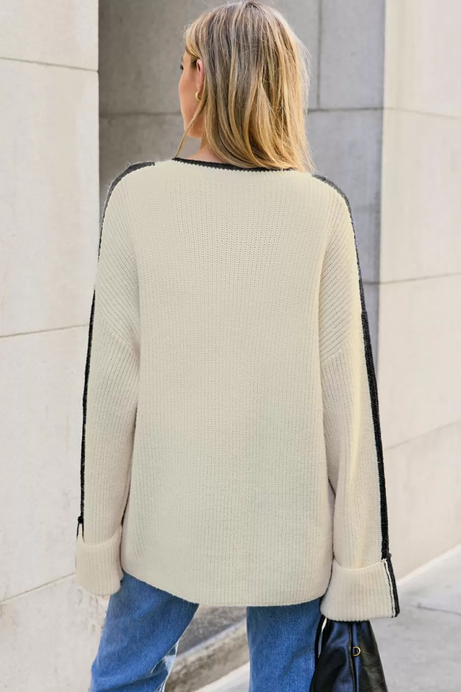 Clearance Cupshe Round Neck Drop Shoulder Sweater Beige