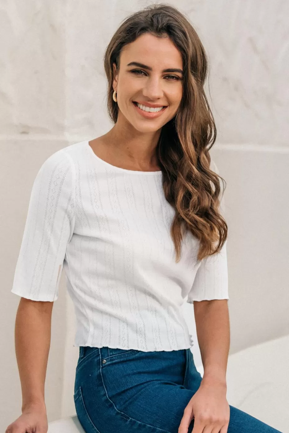 Clearance Cupshe Round Neck Half Sleeve Top Beige