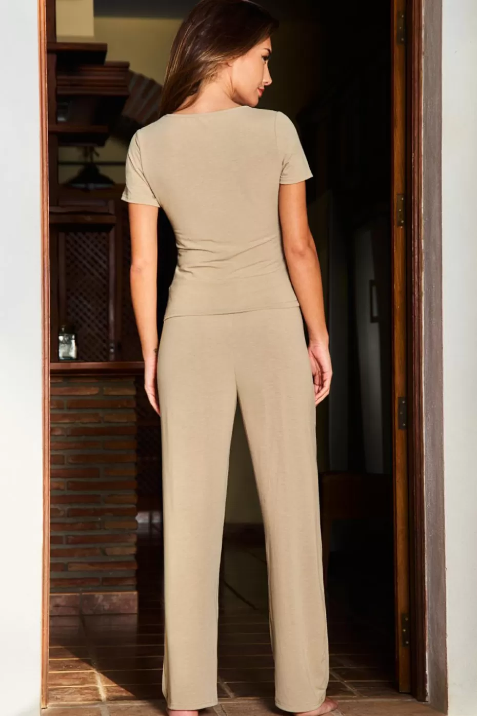 Store Cupshe Beige Short Sleeve Top & Pants Pajama Set Neutral
