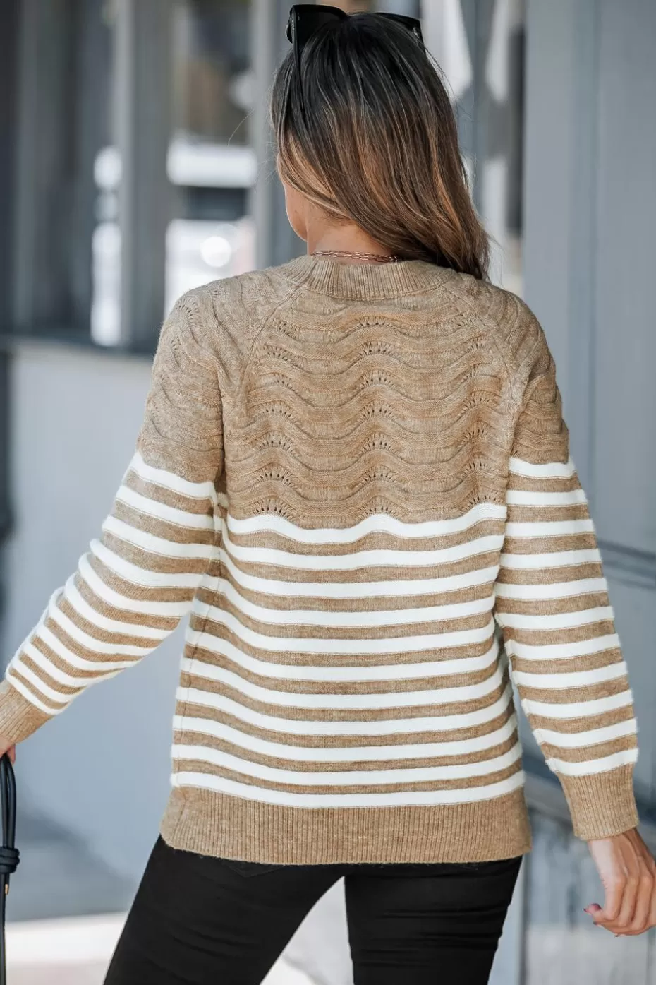 Best Cupshe Beige Striped Round Neck Long Sleeve Sweater Khaki