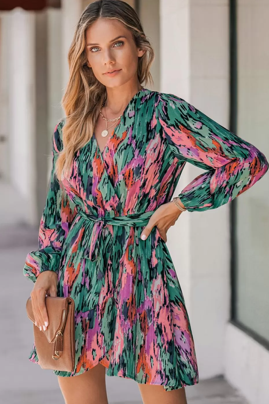 Outlet Cupshe Belted Abstract Print Peasant Sleeve Dress Green