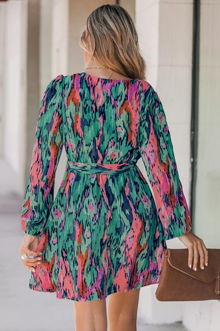 Outlet Cupshe Belted Abstract Print Peasant Sleeve Dress Green