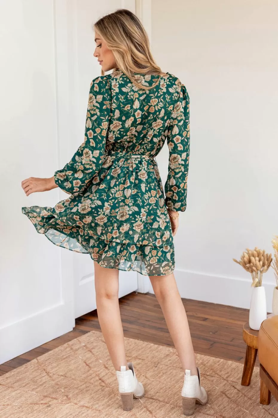 Outlet Cupshe Belted Floral Print Peasant Sleeve Dress Green