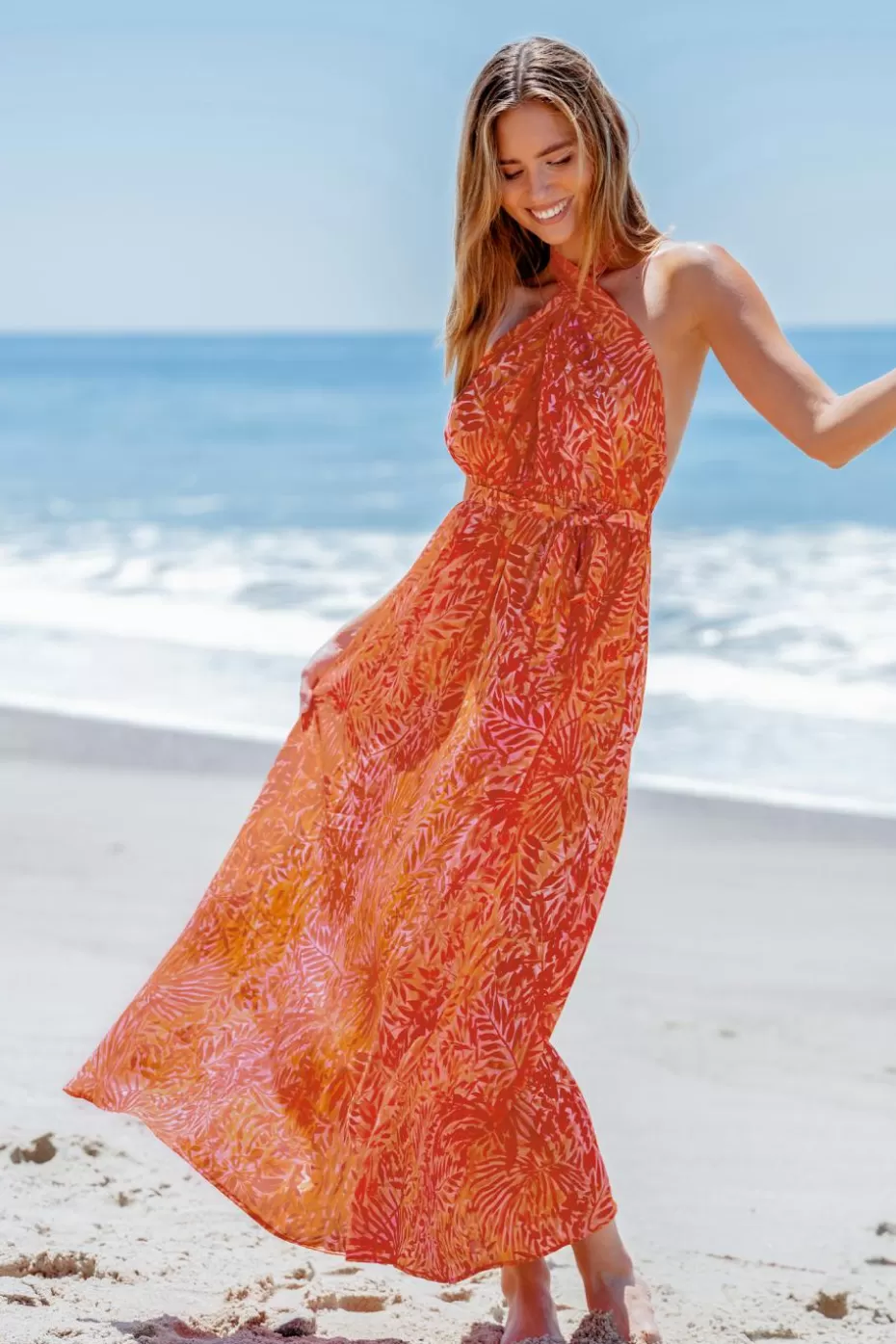 Online Cupshe Belted Leaf Print Cutout Maxi Dress Red