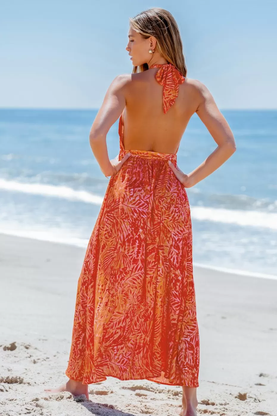 Online Cupshe Belted Leaf Print Cutout Maxi Dress Red