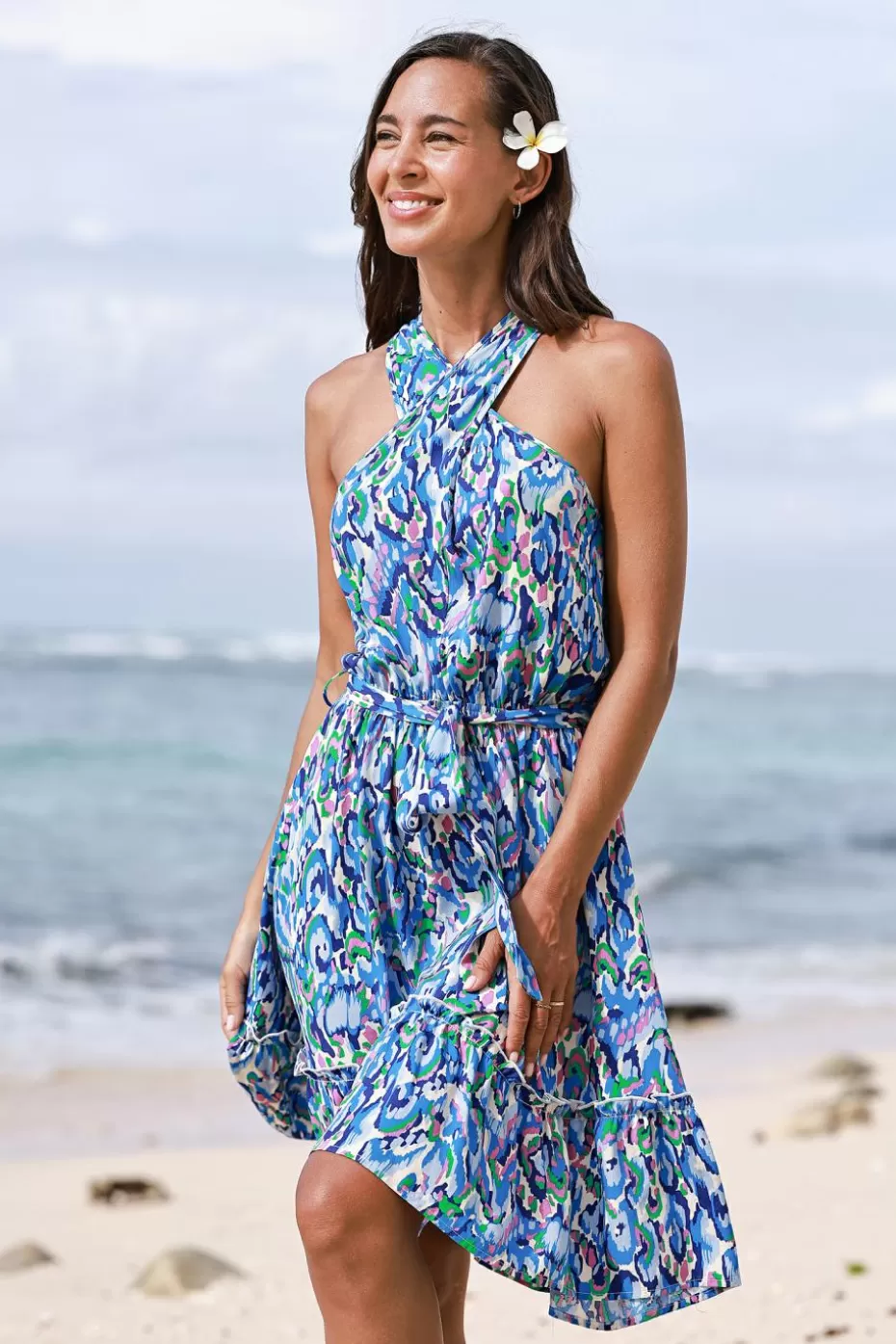 Outlet Cupshe Belted Watercolor Print Mini Dress Blue
