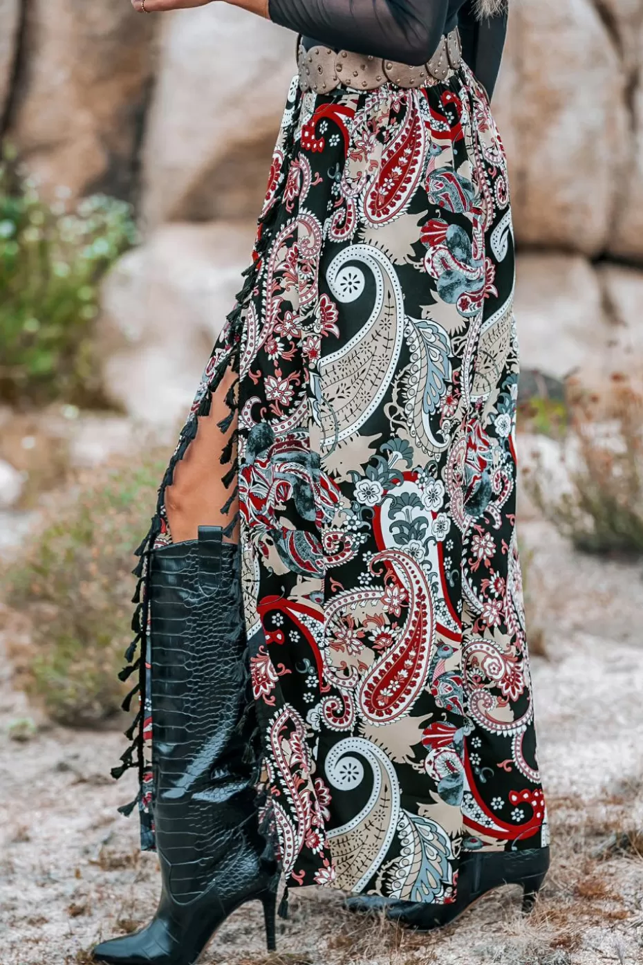 Store Cupshe Black & Paisley Wide Leg Tassel Pants Red