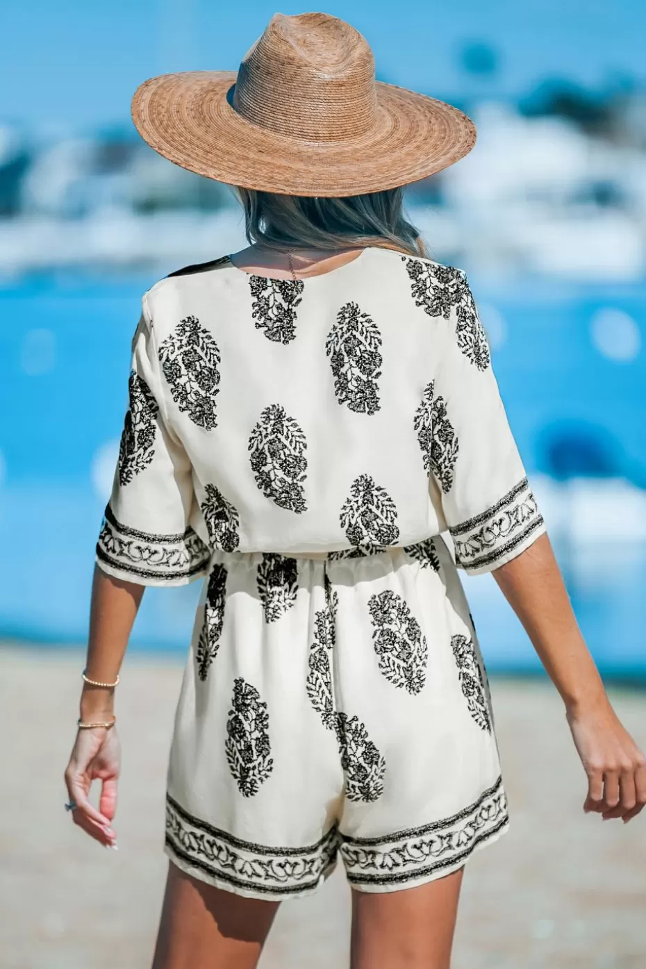 Online Cupshe Black & Abstract Floral Half Sleeve Romper White