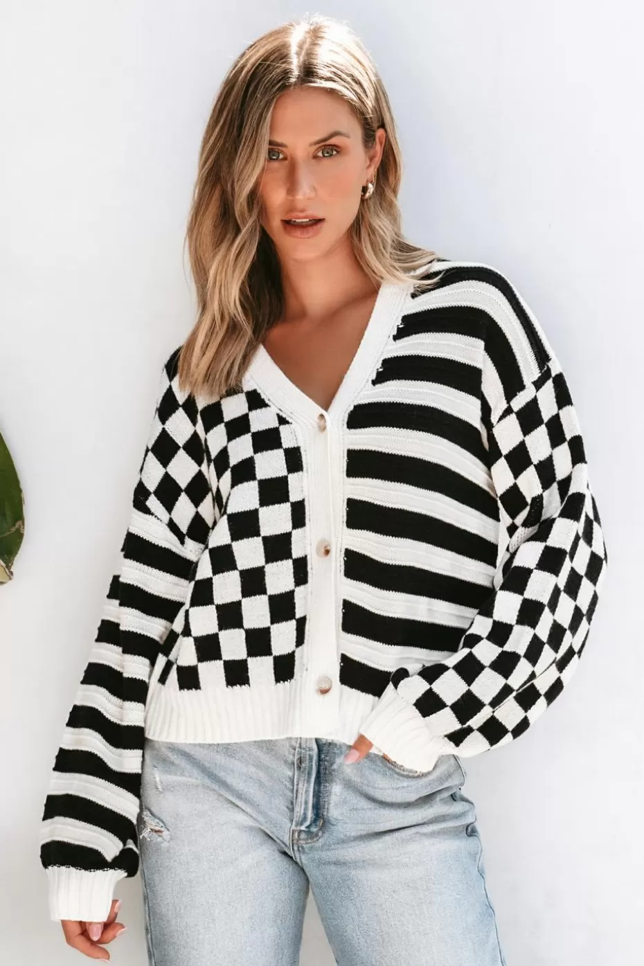 Fashion Cupshe & White Mixed Pattern Long Sleeve Cardigan Black