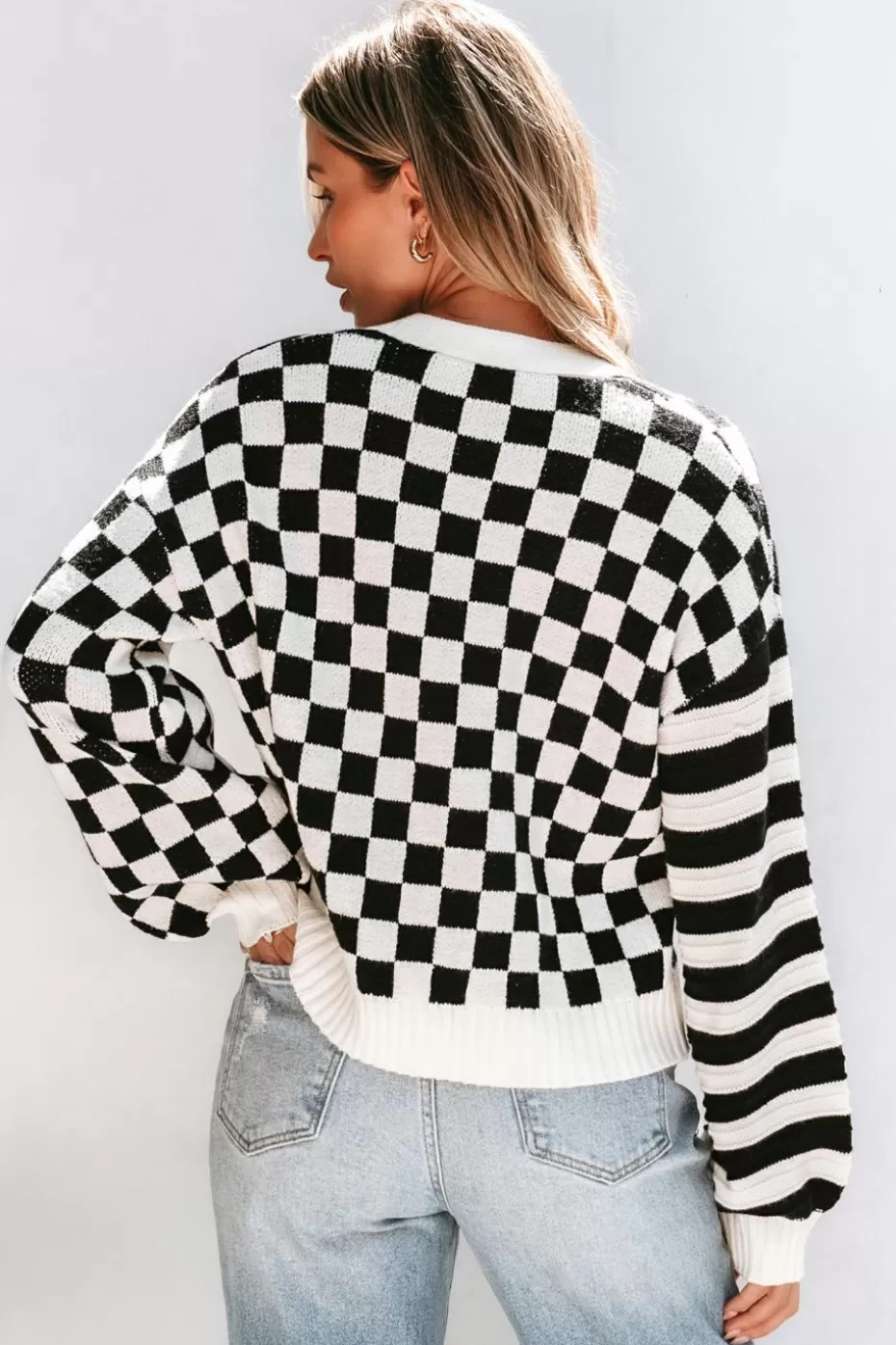 Fashion Cupshe & White Mixed Pattern Long Sleeve Cardigan Black