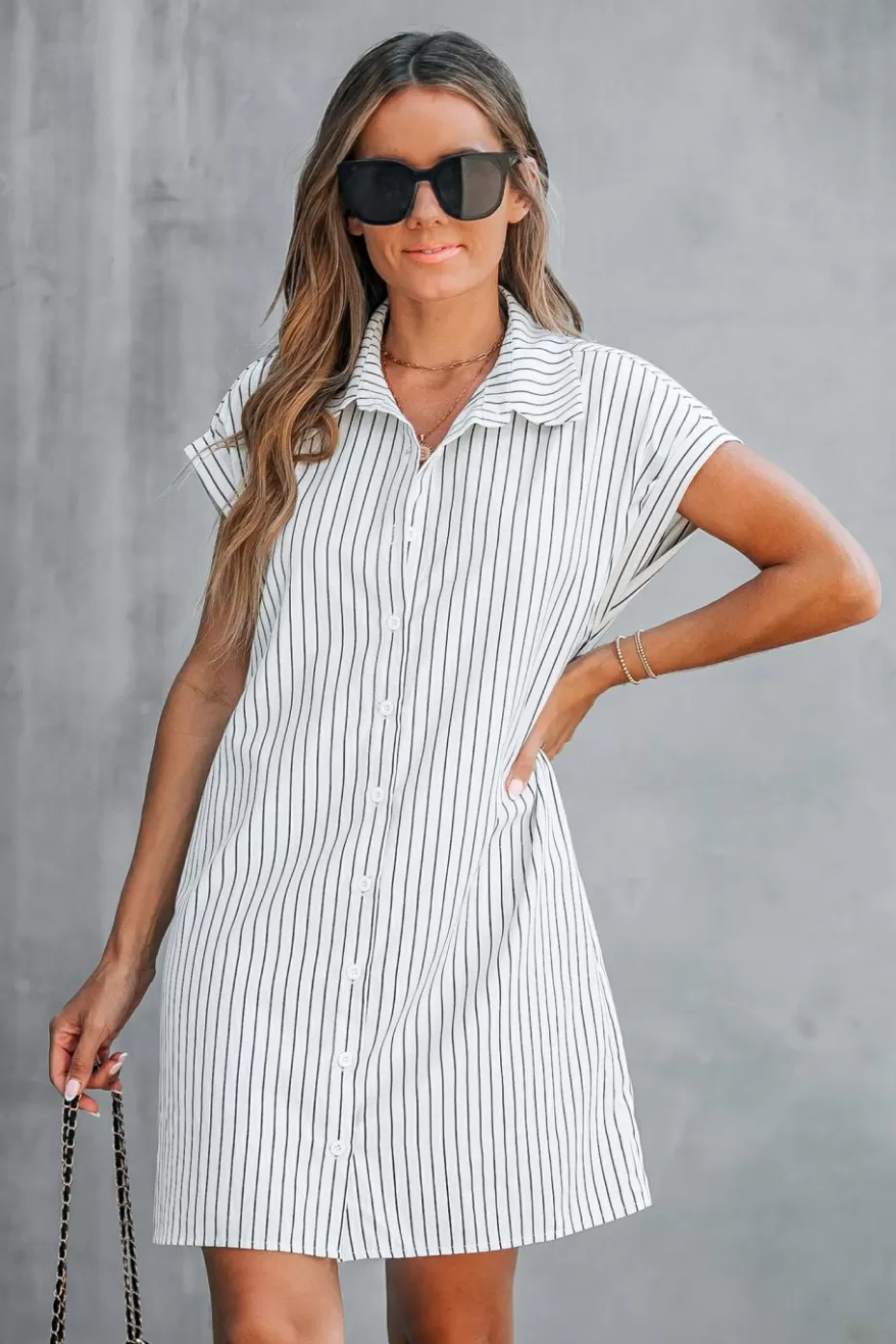 Flash Sale Cupshe Black & Stripe Collared Front Button Mini Dress White