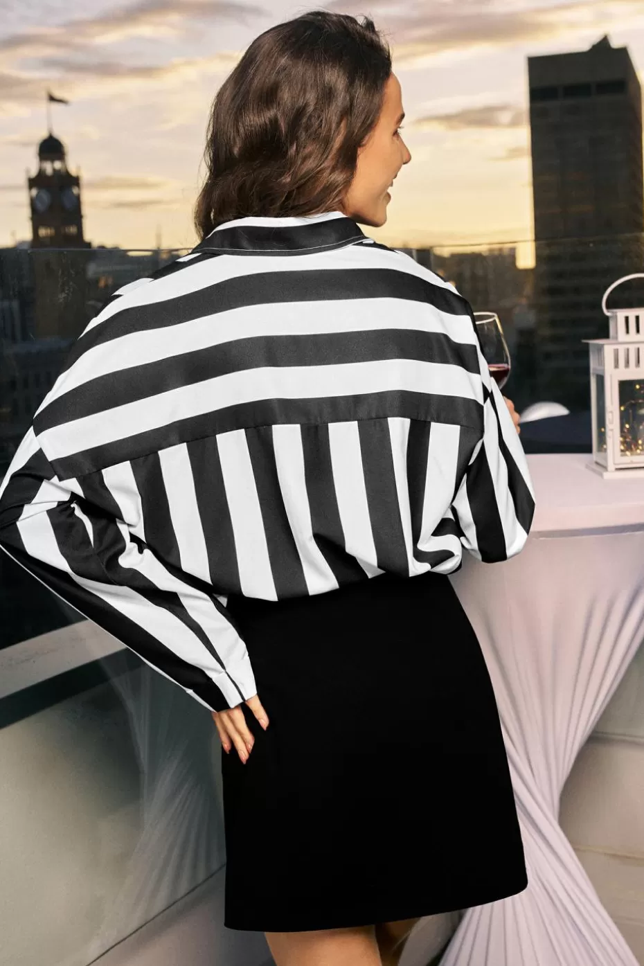 Flash Sale Cupshe & White Stripe Collared Long Sleeve Button-Up Black