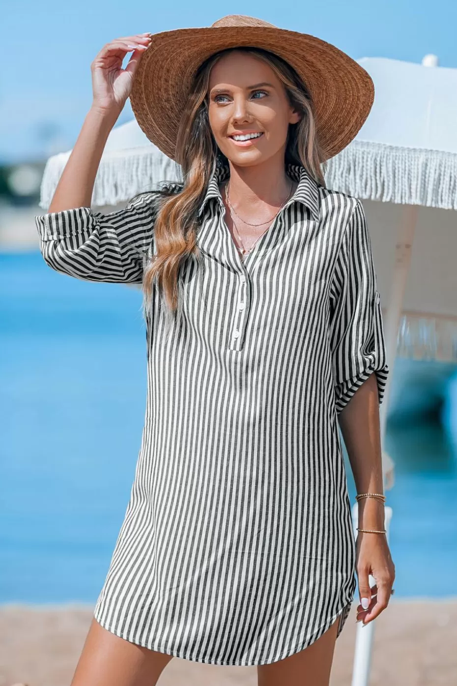 Shop Cupshe & White Stripe Collared Round Hem Mini Dress Black