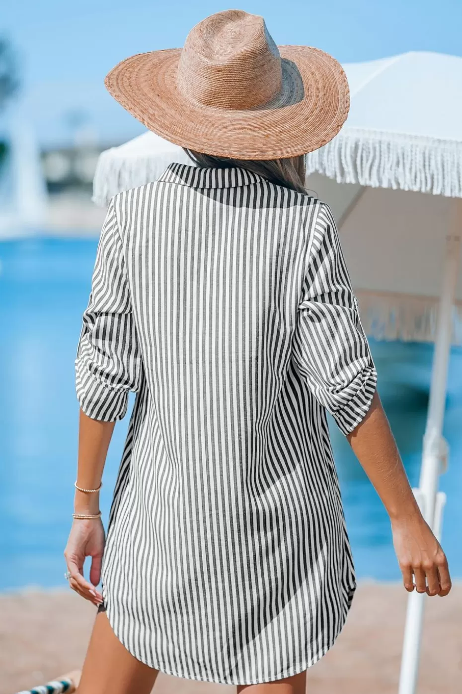 Shop Cupshe & White Stripe Collared Round Hem Mini Dress Black