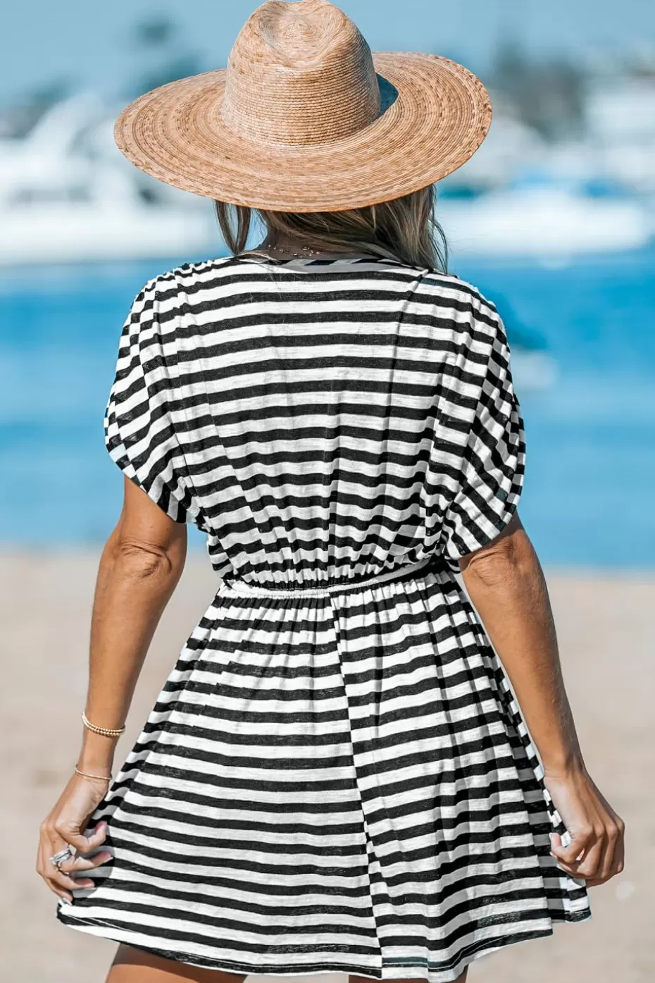 Best Sale Cupshe & White Stripe Dolman Sleeve Jersey Cover-Up Dress Black