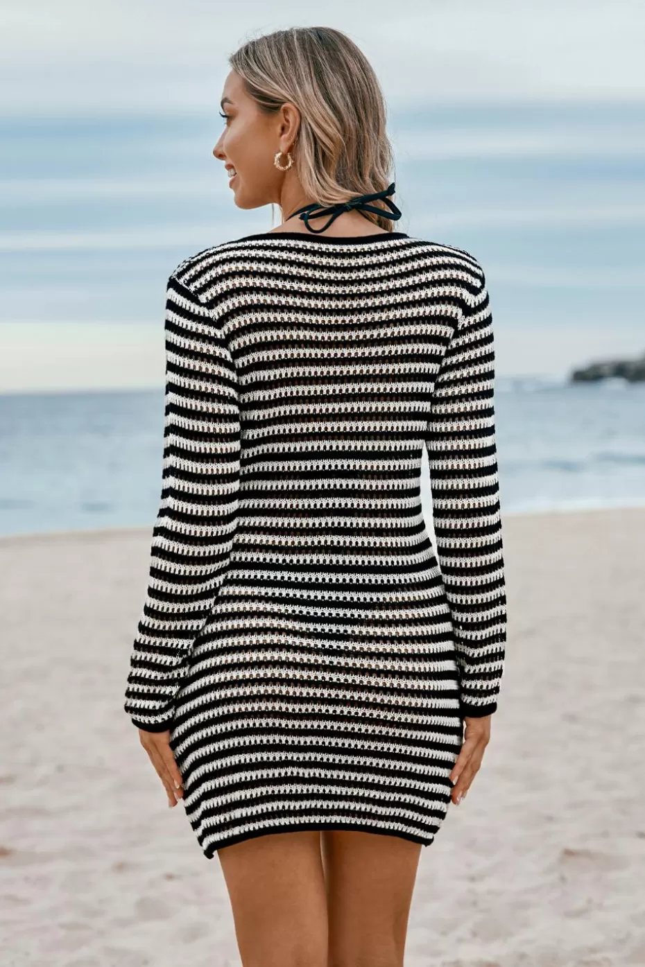 Shop Cupshe & White Stripe Long Sleeve Mini Crochet Cover-Up Black