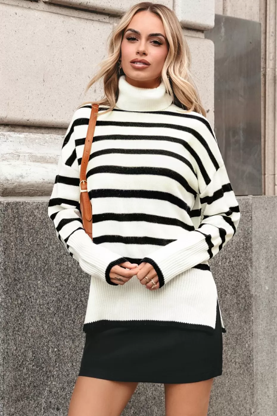 Store Cupshe Black & Stripe Long Sleeve Turtleneck Sweater White