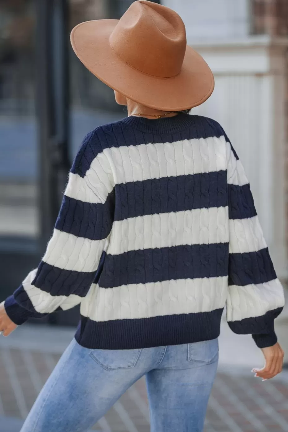 Best Cupshe Black & White Stripe V-Neck Long Sleeve Cable Knit Sweater Navy