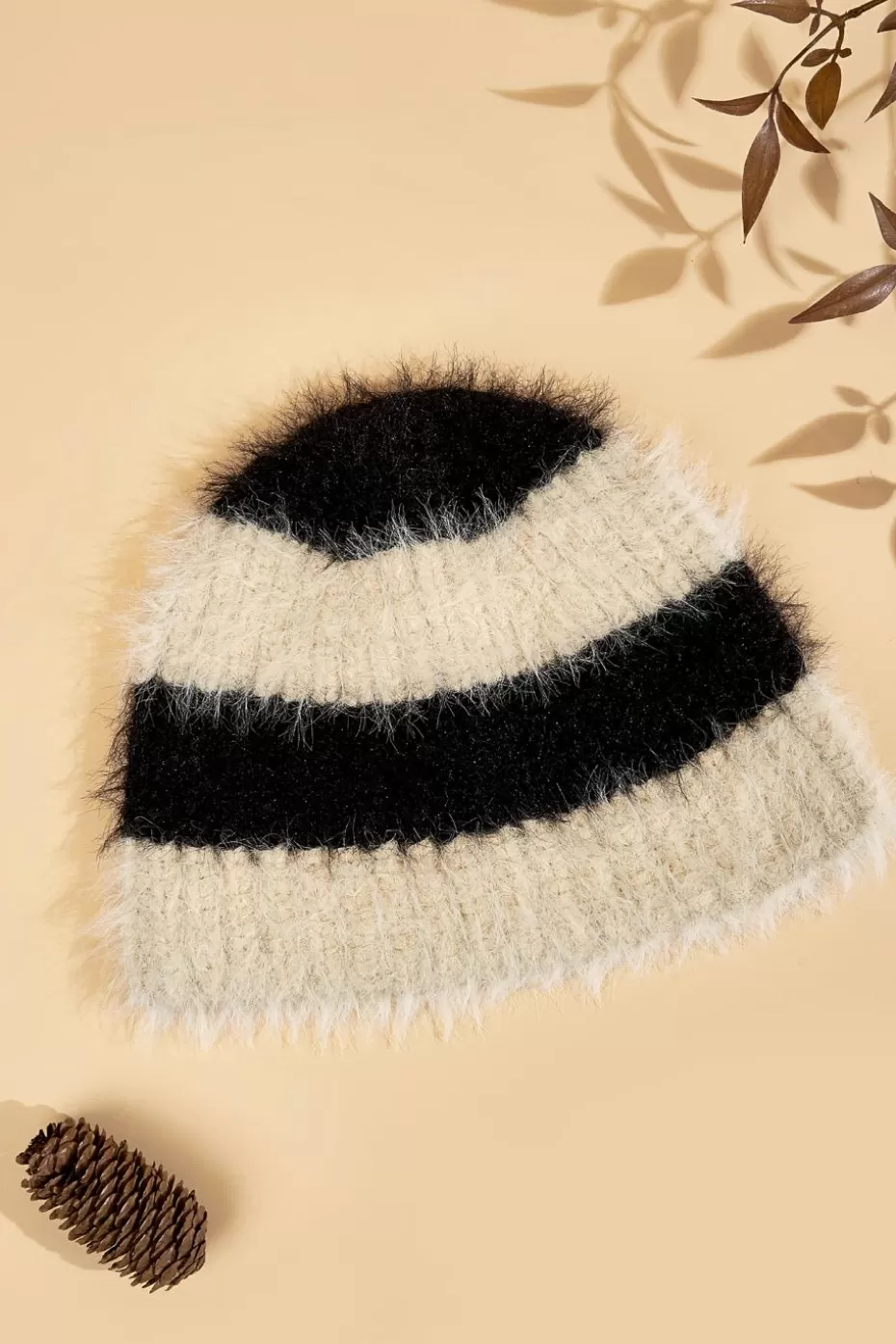 Clearance Cupshe & White Striped Fuzzy Knit Beanie Black
