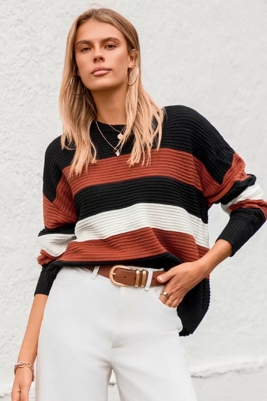 Store Cupshe And Orange Stripe Long Sleeve Sweater Black