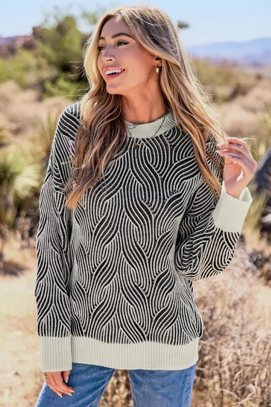 New Cupshe And White Braided Round Neck Long Sleeve Sweater Black