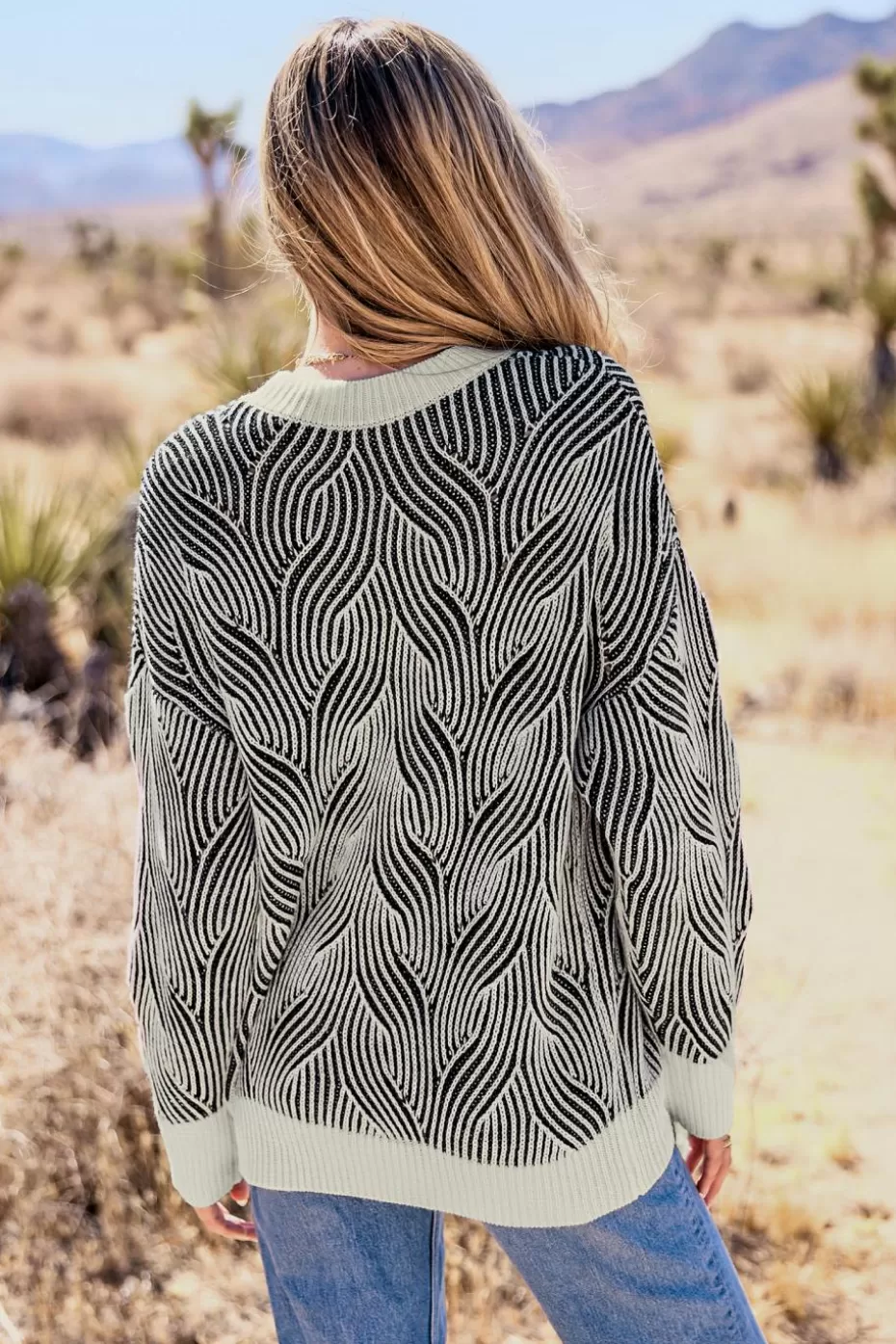 New Cupshe And White Braided Round Neck Long Sleeve Sweater Black