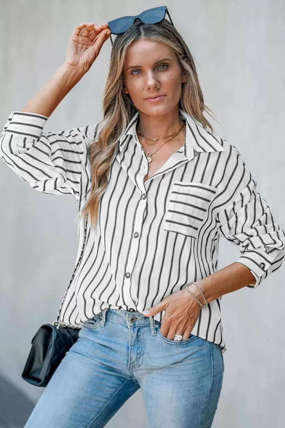 Shop Cupshe Black And Stripe Collared Button Up Blouse White